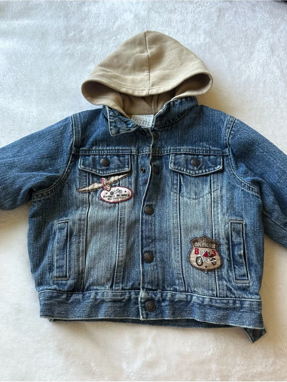 Kids Denim Hooded Jacket in Blue and Tan